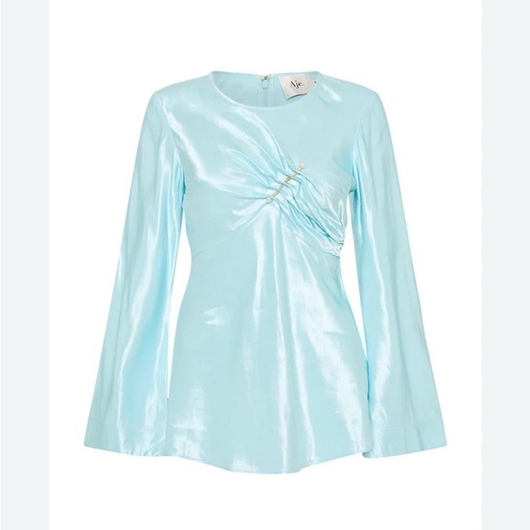 Aje Moonglade Pierced Fit and Flare Ruched Blouse in Spearmint Blue Size 8 - Picture 3 of 16